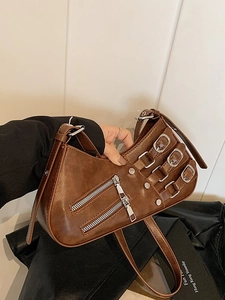 Braune Vintage Hobo-Tasche aus Kunstleder mit Schnallen und Reißverschlüssen