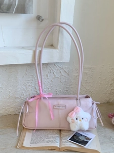 Pink rectangular shoulder bag with metal logo, plaid ribbon and plush star pendant