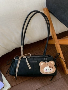 Vintage black faux leather baguette bag with plaid bow and cute teddy bear charm