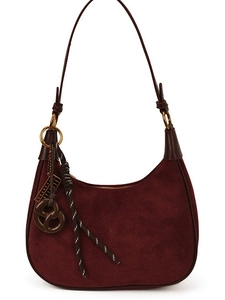 Deep burgundy suede hobo shoulder bag with leather straps and decorative tassels