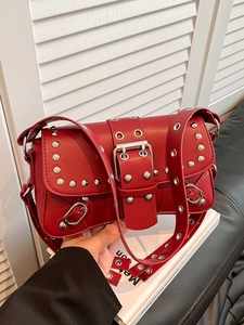 Vintage PU Leather Underarm Bag For Women Rivet Decor Large Metal Buckle Y2K Punk Style Small Square Shoulder Bag Handbag