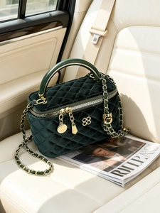 Quilted velvet mini crossbody bag in dark green with golden chain and handle for women