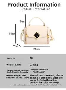 Détail du sac à main en cuir PU crème avec ferrures noir et or et dimensions
