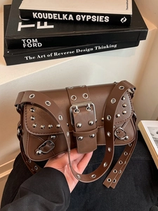 Brown vintage rivet shoulder bag with silver eyelets and buckle strap decoration