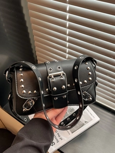 Retro black punk shoulder bag with silver studs and metal buckle for women