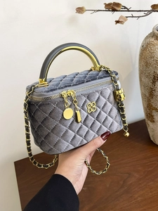 Elegant grey quilted velvet mini handbag with gold handle and chain strap for women