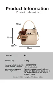 Tableau des tailles du sac seau en PU montrant les dimensions 20x19x14 cm et poids 0,5kg