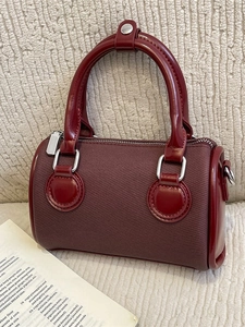 Women Korean Style Mini Boston Barrel Bag PU Leather Stitched Handbag Retro Commuter Shoulder Crossbody Bag Minimalist Tote