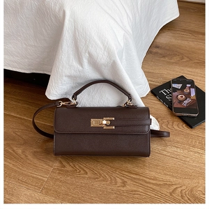 Detail of dark brown Saffiano leather bag with gold metal buckle and round handle