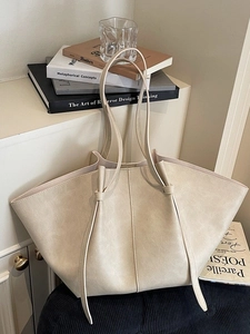 Vintage cream beige large capacity trapezoid tote bag with elegant knot handle detail
