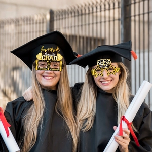 Set of 2026 graduation party paper glasses in black and gold for photo booth props