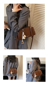 Three-angle view of a dark brown leather tote bag with a floral charm and adjustable strap