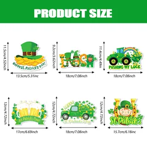Detailed size chart for six St. Patrick's Day theme decorative stickers and photo props