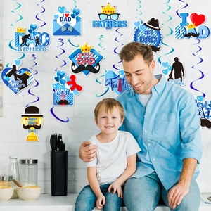 Father's Day party hanging decorations with blue metallic swirls and paper cutout cards
