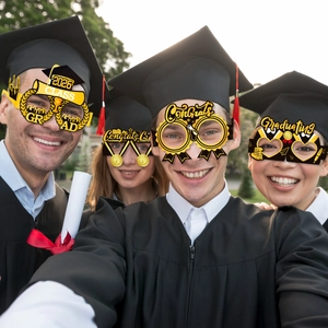 Class of 2026 graduation party paper glasses set in black and gold for photo booth props