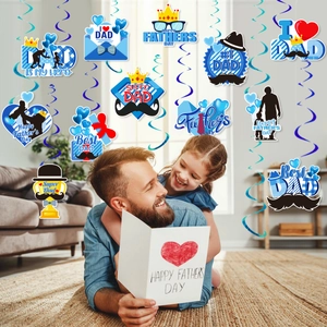 Father's Day party decorations featuring blue spiral swirls and Super Dad themed cardstock tags