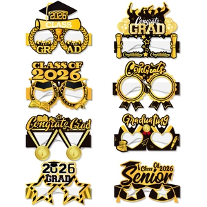 8-piece black and gold Class of 2026 graduation party paper glasses photo booth props