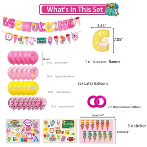 Roze Schulkind decoratieset voor schoolfeest met ballonnen, slingers en stickers