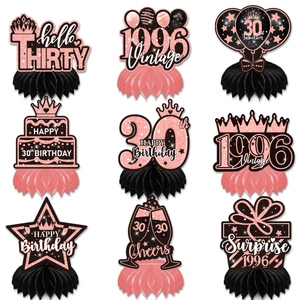 Nine-piece set of rose gold and black 30th birthday honeycomb table centerpieces for women