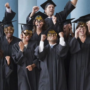 Group of students wearing Class of 2026 graduation party paper glasses with gold glitter