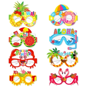 Set of 8 colorful paper Hawaii party glasses featuring flamingos, pineapples, and palm trees
