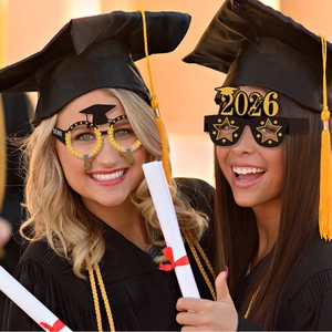 2026 graduation party glasses with gold glitter frames and star-shaped lenses