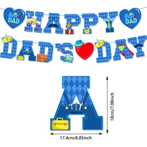 Father's Day party banner with blue argyle patterns and decorative hanging swirls