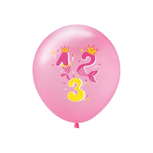 Close-up van roze ballon met zeemeermin cijfers 1, 2, 3 voor schoolfeest decoratie
