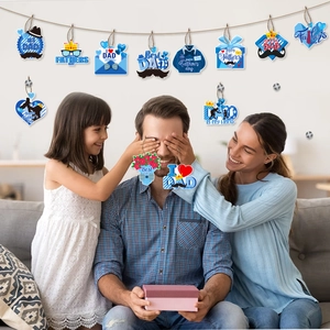 Father's Day party hanging decorations set featuring blue paper tags and gift box labels
