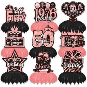 9-piece 50th birthday table honeycomb centerpieces in rose gold and black vintage style
