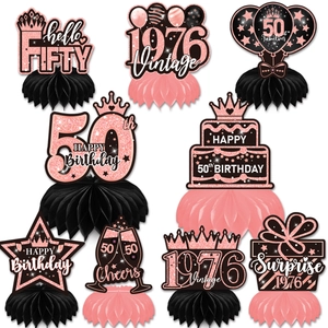 Rose gold 50th birthday party honeycomb centerpieces set with 1976 and crown designs