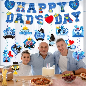 Father's Day party decoration set with blue banners and spirals in a warm family scene