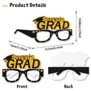 Black paper graduation glasses with yellow congrats GRAD text and mini mortarboard