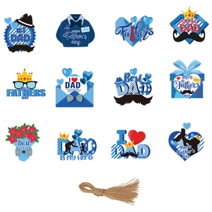 Detailed set of 12 blue Father's Day card tags with hanging hemp rope decorations