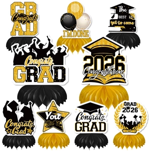 2026 Graduation Season Honeycomb Centerpieces For Party Table Decoration Black Gold Paper Ornament For Classroom Decor