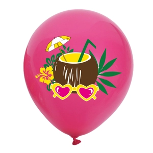 Detail of rose pink latex balloon with tropical coconut and hibiscus flower prints