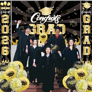 2026 graduation party decor set with black gold backdrop and printed latex balloons