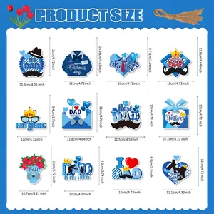 Size chart for 12 Father's Day party hanging tags with specific dimensions in cm and inches