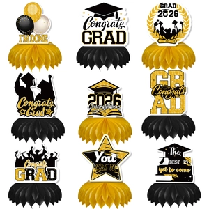 9pcs set of black and gold 2026 graduation honeycomb centerpieces for party table decor