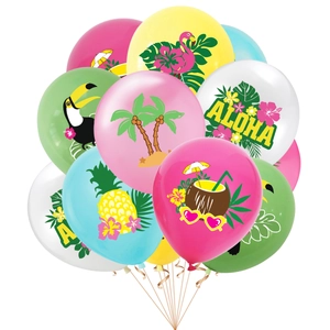 Hawaiian party balloon set with Aloha prints, flamingos, and tropical pineapples