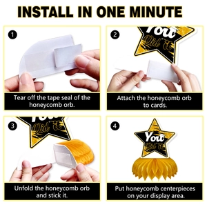 Installation of 2026 graduation honeycomb centerpiece with star-shaped card and yellow base