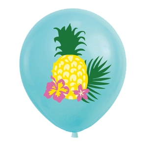 Close-up of light blue latex balloon with pineapple, tropical leaf, and hibiscus flower print