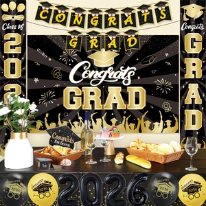 2026 graduation party decoration set with black and gold balloons, banner and backdrop