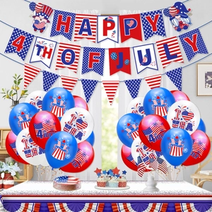 Red white and blue July 4th party decorations with USA balloons and Happy 4th of July banner