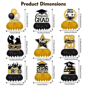 Set of nine 2026 graduation honeycomb centerpieces in black, gold and white designs