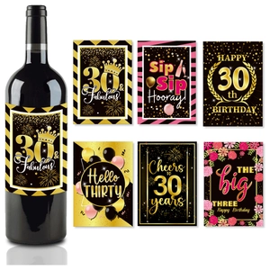 Detailed set of 6 black and gold waterproof wine bottle labels for 30th birthday party decor