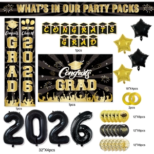 2026 Class Graduation Party Decoration Set with Black and Gold Balloons and Backdrop