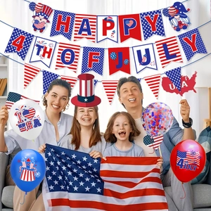 USA Independence Day party set with Happy 4th of July banner and patriotic balloons