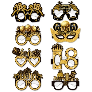 Detail view of 8 pack 18th birthday party eyewear in black and gold glitter finish
