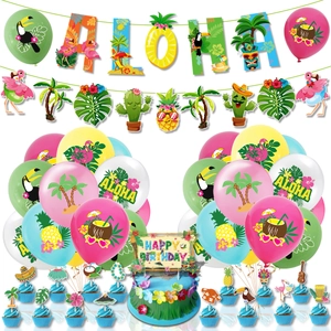 Hawaiian Luau Party Decorations Aloha Banner Flamingo Pineapple Cake Toppers Tropical Latex Balloons Summer Beach Party Decor